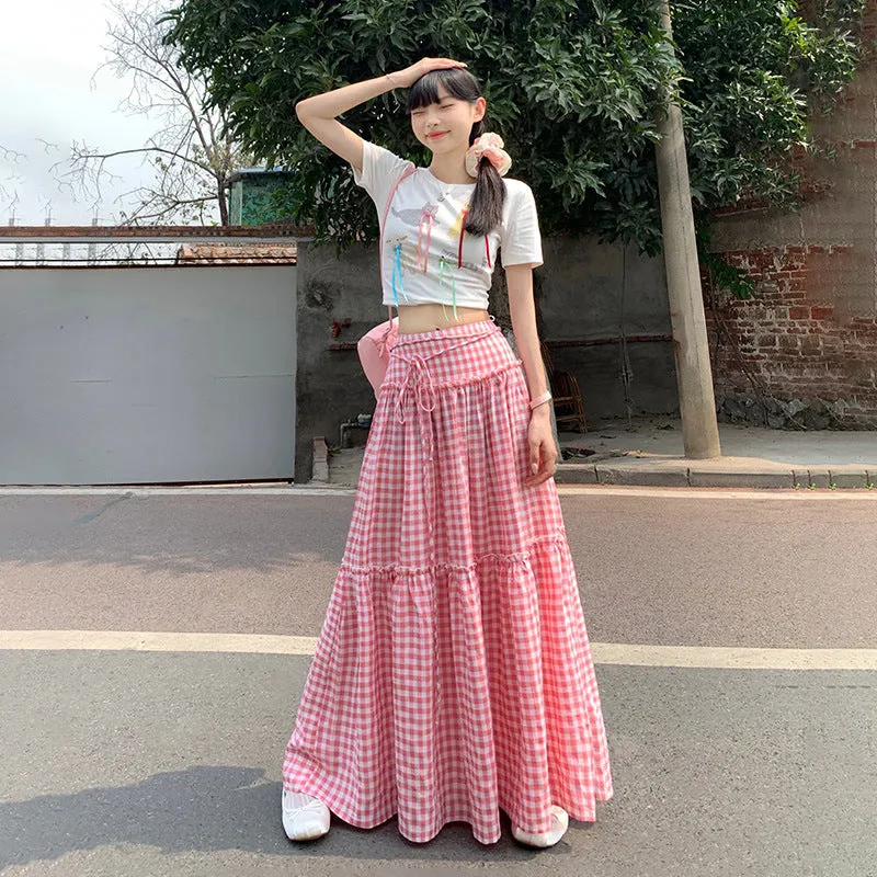 Toleet church outfit Retro Pink Plaid Lace-up High Waist Skirt for Women 2024 Summer New Loose Slimming Casual Skirt Umbrella Skirt