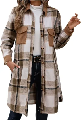 Trench Coat Women Plaid Wool Blend Coat Single Breasted Long Coat Plus Size Pea Coat Trendy Winter Coats with Pockets