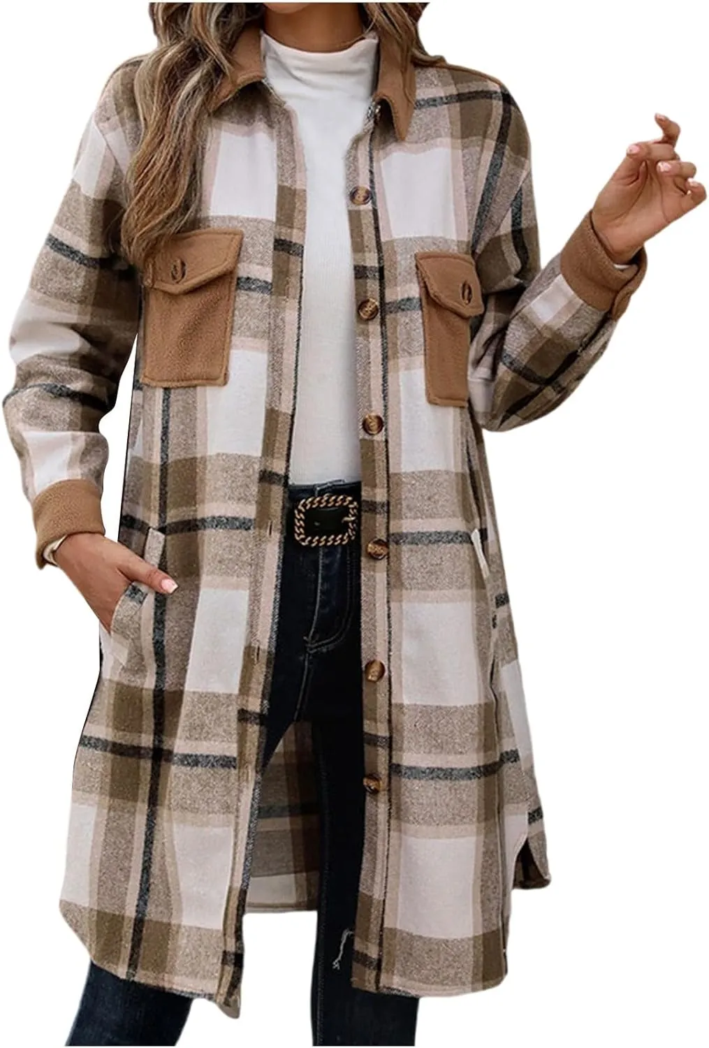 Trench Coat Women Plaid Wool Blend Coat Single Breasted Long Coat Plus Size Pea Coat Trendy Winter Coats with Pockets