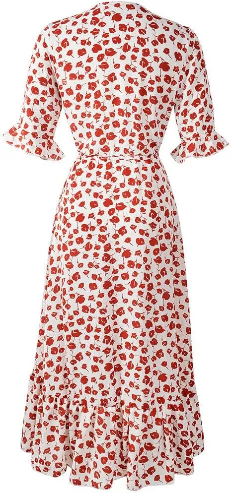 tuduoms Floral Chiffon Dress for Women Wrap Vneck Floral Ruffle Short Sleeve Midi Dress Belted Summer Beach Party Flowy Dress