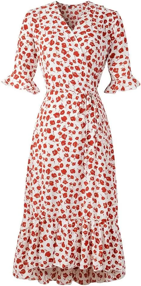 tuduoms Floral Chiffon Dress for Women Wrap Vneck Floral Ruffle Short Sleeve Midi Dress Belted Summer Beach Party Flowy Dress