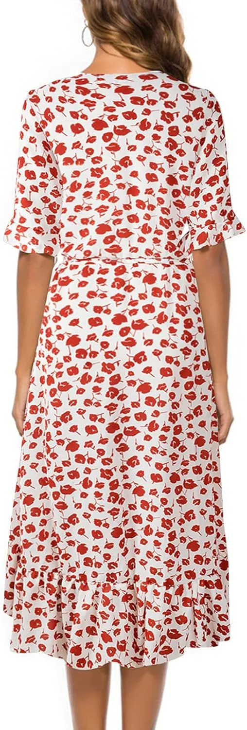 tuduoms Floral Chiffon Dress for Women Wrap Vneck Floral Ruffle Short Sleeve Midi Dress Belted Summer Beach Party Flowy Dress