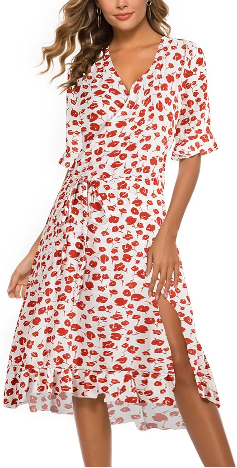 tuduoms Floral Chiffon Dress for Women Wrap Vneck Floral Ruffle Short Sleeve Midi Dress Belted Summer Beach Party Flowy Dress