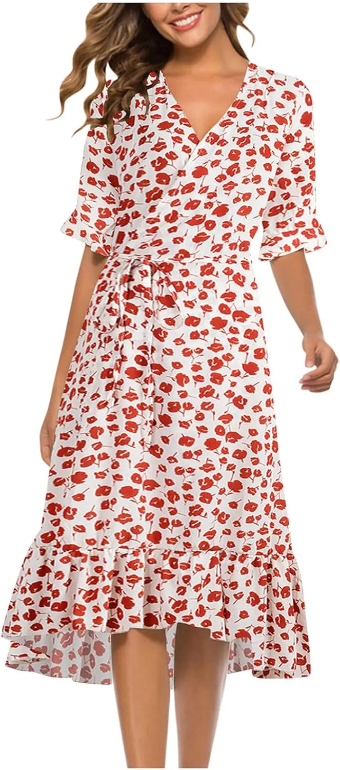 tuduoms Floral Chiffon Dress for Women Wrap Vneck Floral Ruffle Short Sleeve Midi Dress Belted Summer Beach Party Flowy Dress