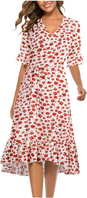 tuduoms Floral Chiffon Dress for Women Wrap Vneck Floral Ruffle Short Sleeve Midi Dress Belted Summer Beach Party Flowy Dress