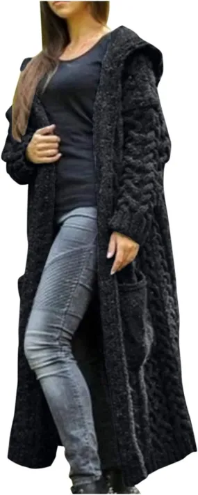TUQIDEWU Hooded Open Front Cardigan, Cardigan for Women Cable Knit Sweaters Chunky Pocketed Oversized Knee Length Long Coats