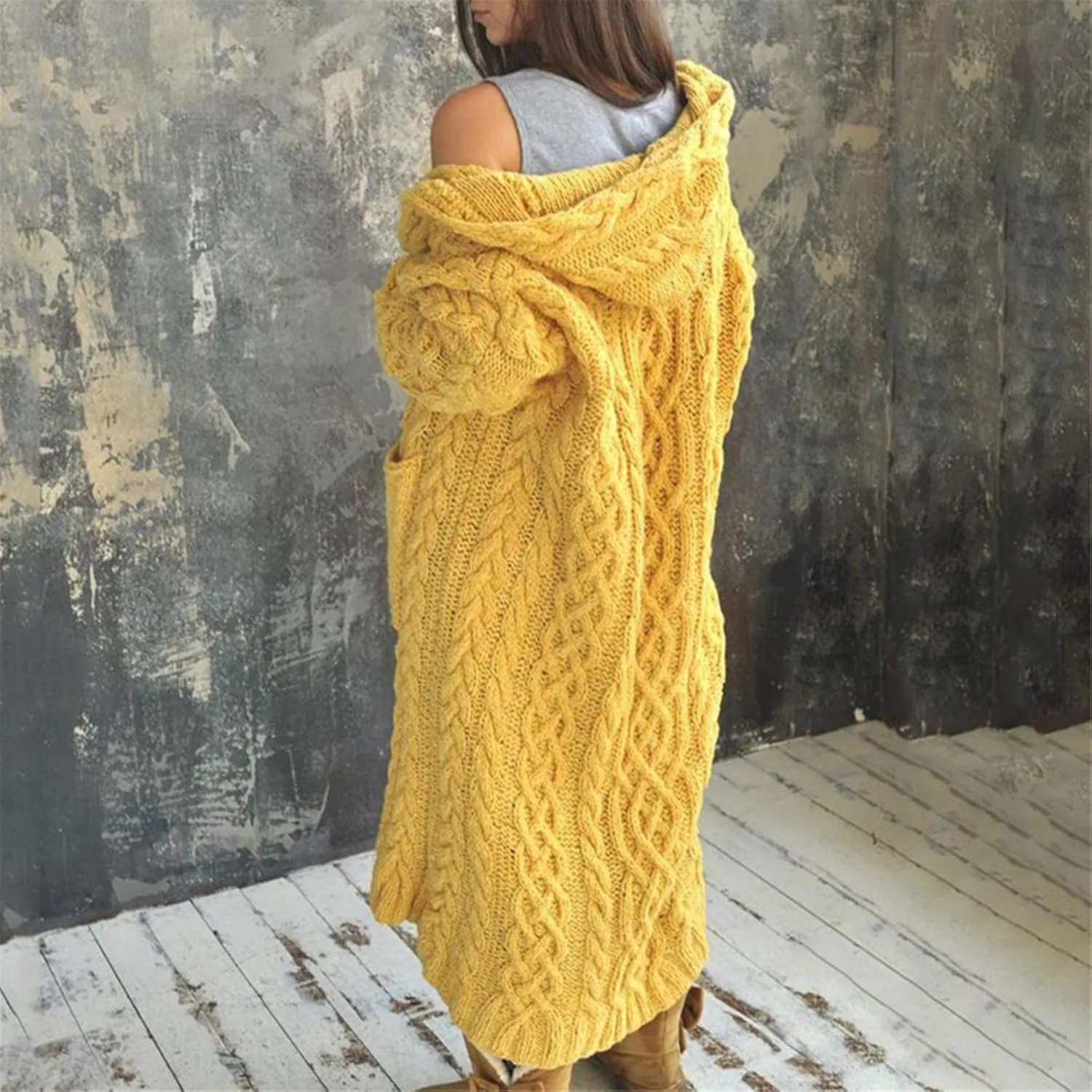 TUQIDEWU Hooded Open Front Cardigan, Cardigan for Women Cable Knit Sweaters Chunky Pocketed Oversized Knee Length Long Coats