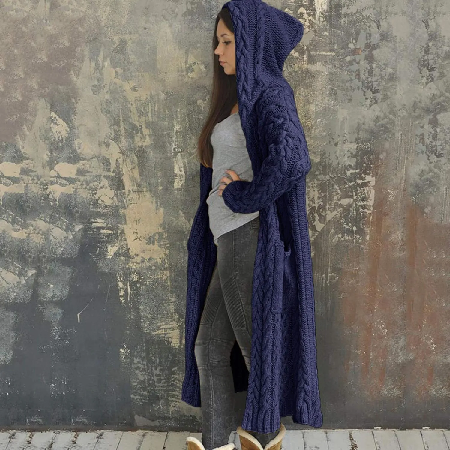 TUQIDEWU Hooded Open Front Cardigan, Cardigan for Women Cable Knit Sweaters Chunky Pocketed Oversized Knee Length Long Coats