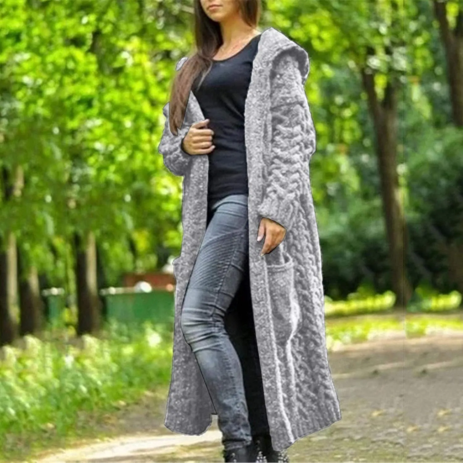TUQIDEWU Hooded Open Front Cardigan, Cardigan for Women Cable Knit Sweaters Chunky Pocketed Oversized Knee Length Long Coats