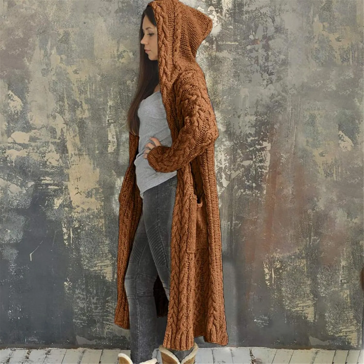 TUQIDEWU Hooded Open Front Cardigan, Cardigan for Women Cable Knit Sweaters Chunky Pocketed Oversized Knee Length Long Coats