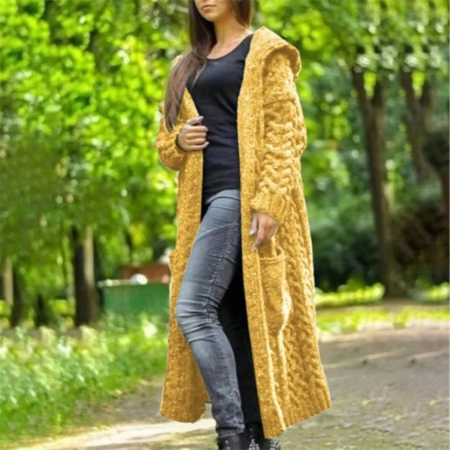 TUQIDEWU Hooded Open Front Cardigan, Cardigan for Women Cable Knit Sweaters Chunky Pocketed Oversized Knee Length Long Coats