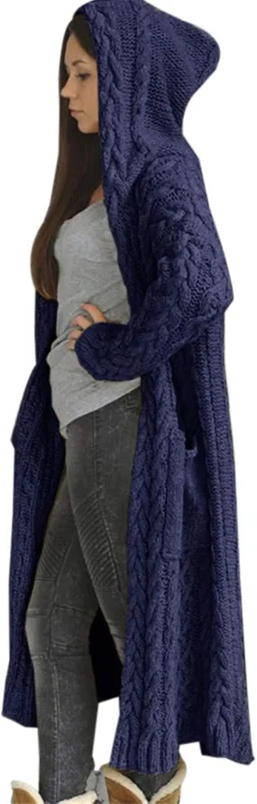 TUQIDEWU Hooded Open Front Cardigan, Cardigan for Women Cable Knit Sweaters Chunky Pocketed Oversized Knee Length Long Coats