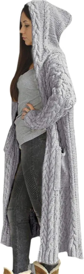 TUQIDEWU Hooded Open Front Cardigan, Cardigan for Women Cable Knit Sweaters Chunky Pocketed Oversized Knee Length Long Coats