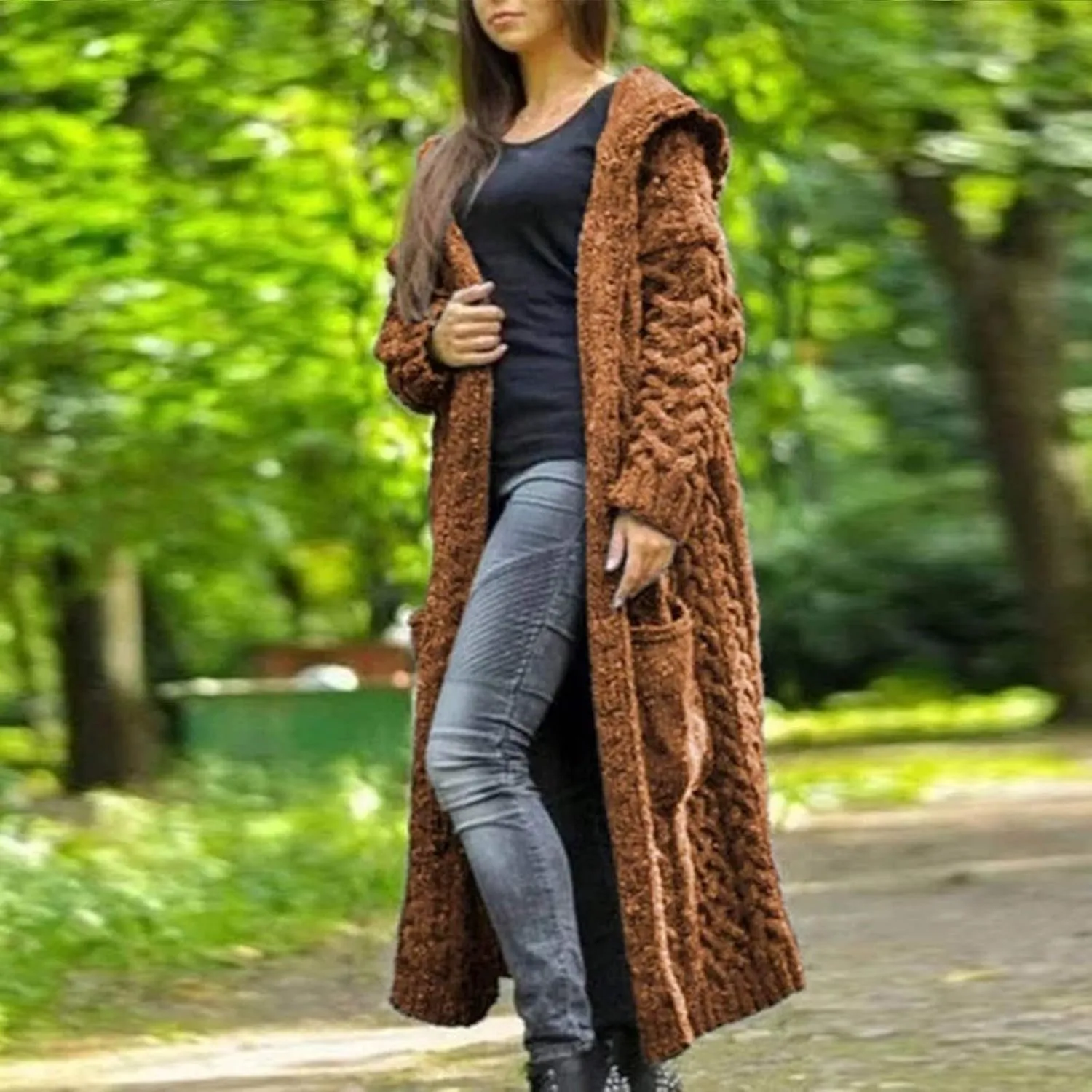 TUQIDEWU Hooded Open Front Cardigan, Cardigan for Women Cable Knit Sweaters Chunky Pocketed Oversized Knee Length Long Coats