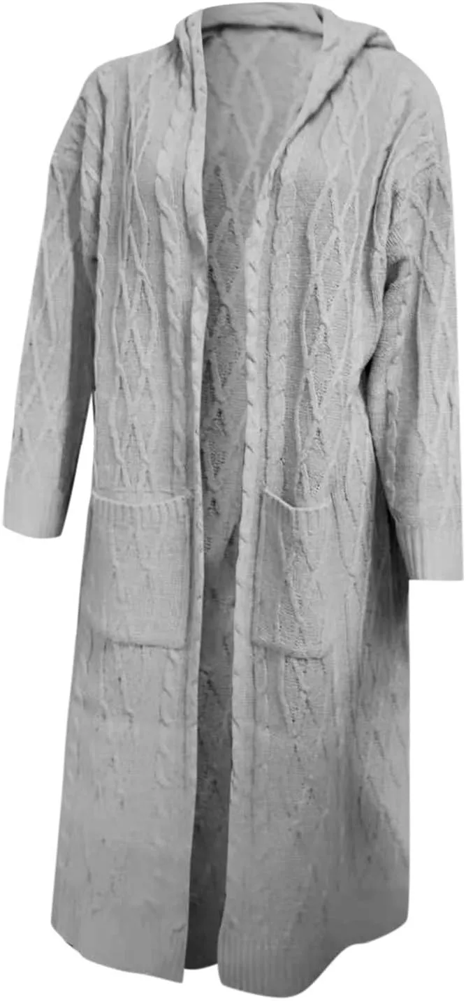 TUQIDEWU Hooded Open Front Cardigan, Cardigan for Women Cable Knit Sweaters Chunky Pocketed Oversized Knee Length Long Coats