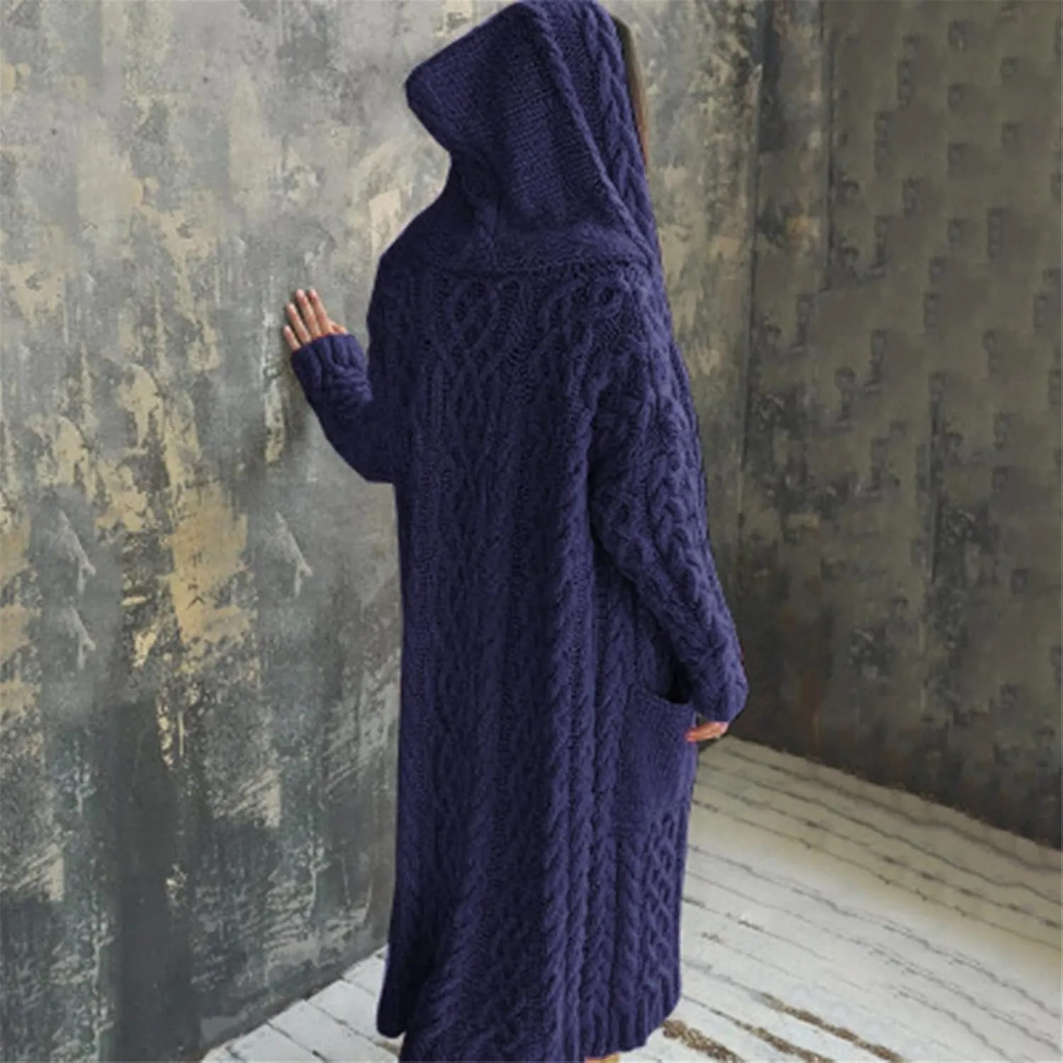 TUQIDEWU Hooded Open Front Cardigan, Cardigan for Women Cable Knit Sweaters Chunky Pocketed Oversized Knee Length Long Coats