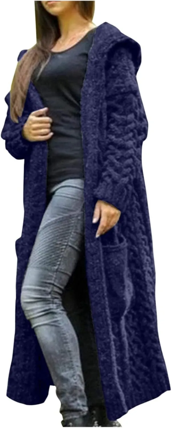 TUQIDEWU Hooded Open Front Cardigan, Cardigan for Women Cable Knit Sweaters Chunky Pocketed Oversized Knee Length Long Coats