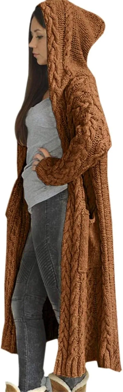 TUQIDEWU Hooded Open Front Cardigan, Cardigan for Women Cable Knit Sweaters Chunky Pocketed Oversized Knee Length Long Coats