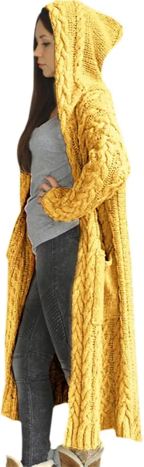 TUQIDEWU Hooded Open Front Cardigan, Cardigan for Women Cable Knit Sweaters Chunky Pocketed Oversized Knee Length Long Coats