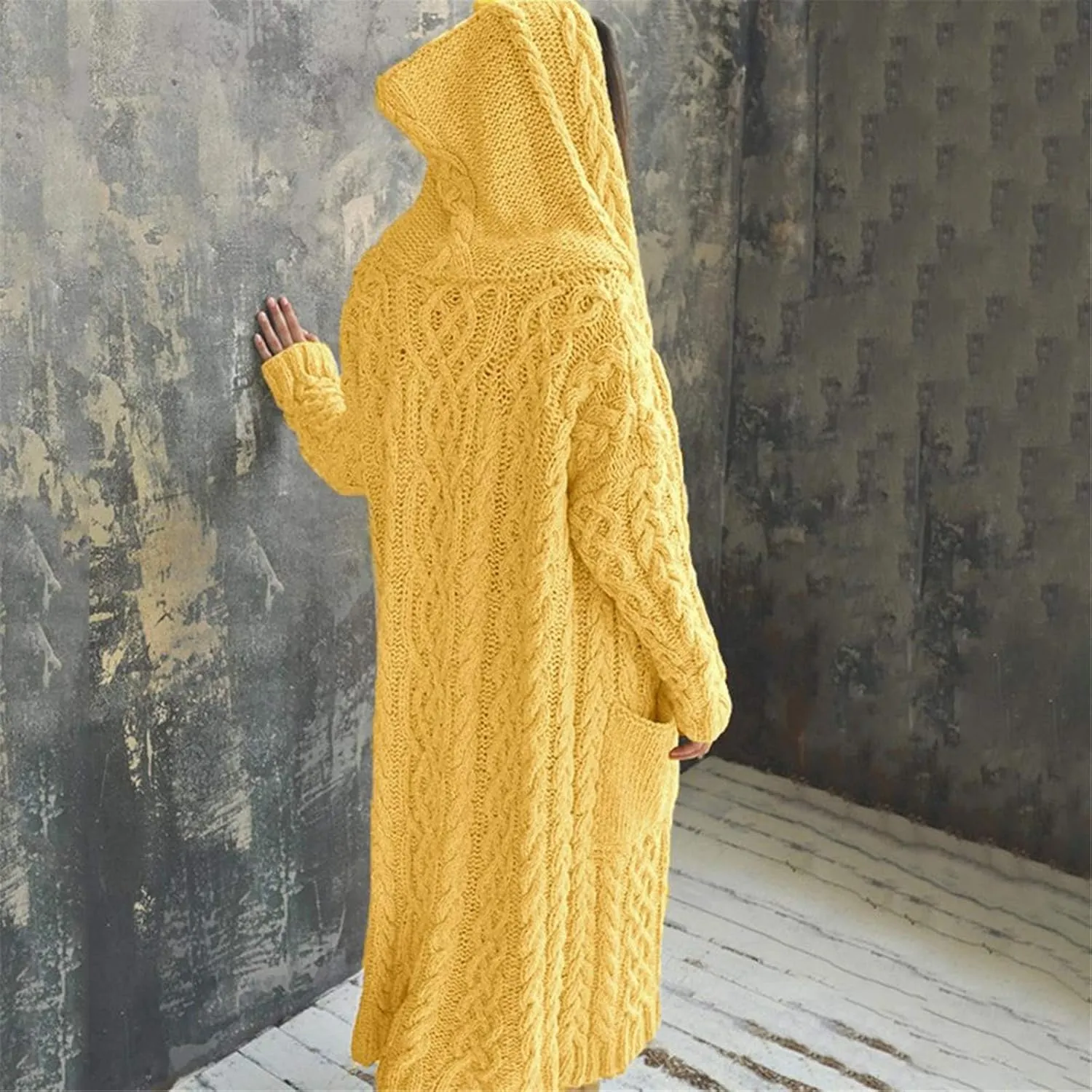TUQIDEWU Hooded Open Front Cardigan, Cardigan for Women Cable Knit Sweaters Chunky Pocketed Oversized Knee Length Long Coats