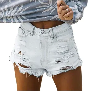 White Denim Shorts for Women Cute Mid Waisted Stretchable Boyfriend Jeans Shorts Solid Raw Hem Hot Shorts