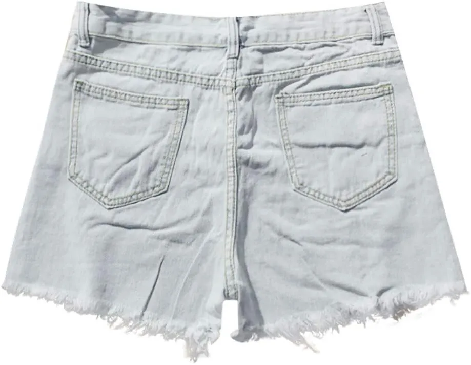 White Denim Shorts for Women Cute Mid Waisted Stretchable Boyfriend Jeans Shorts Solid Raw Hem Hot Shorts