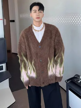Wiaofellas  -  Hip Hop Loose Knitted Sweaters Man Casual Flame Jacquard Design Knit Cardigan Couple Unisex Street Vintage V-neck Cashmere Coat