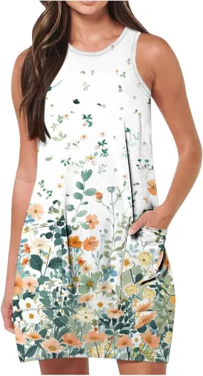 Women 2024 Sleeveless Tank Dress Floral Print Trendy Summer Short Mini Dress Loose Fit Cute Dress with Pockets