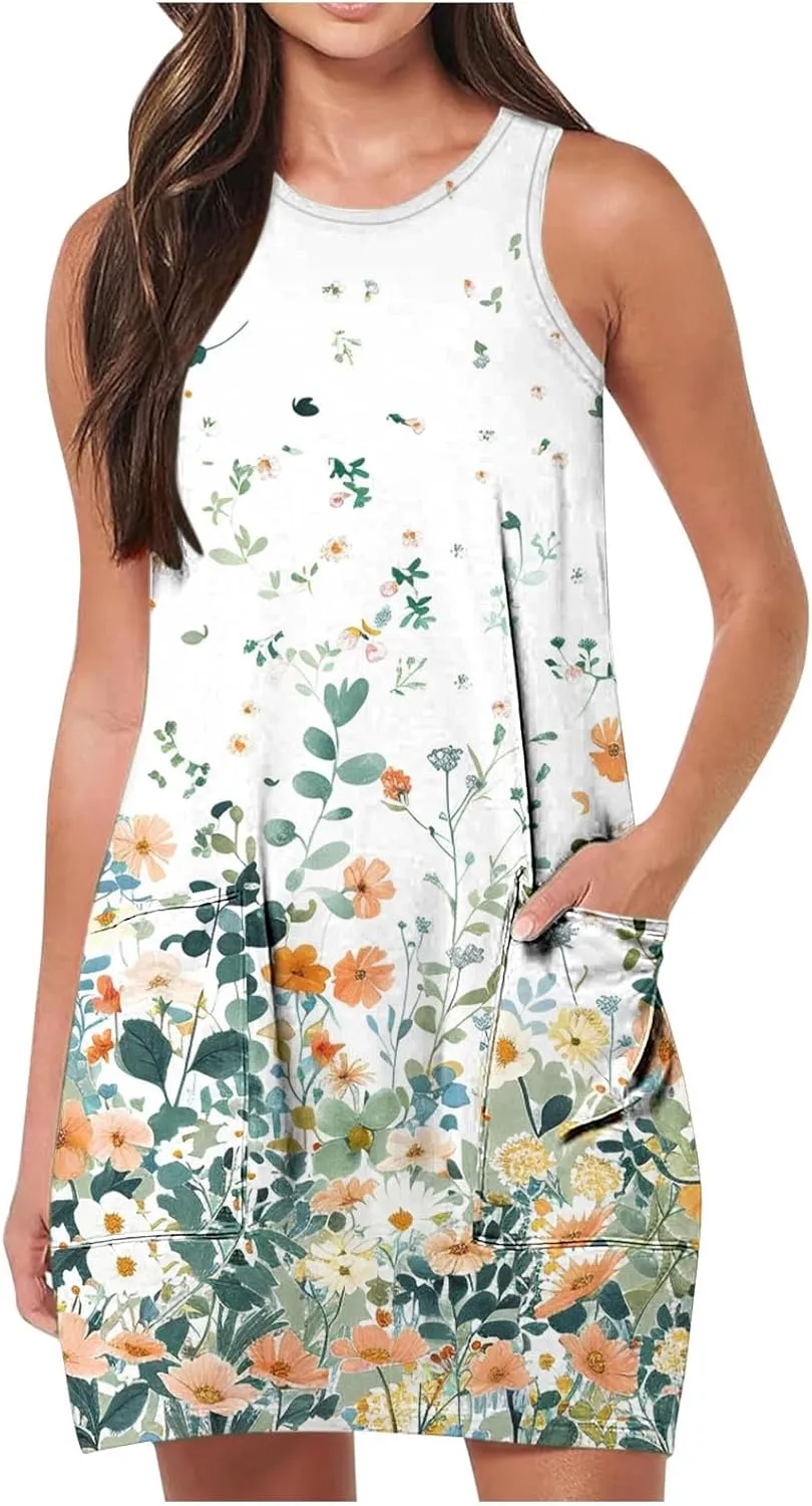 Women 2024 Sleeveless Tank Dress Floral Print Trendy Summer Short Mini Dress Loose Fit Cute Dress with Pockets