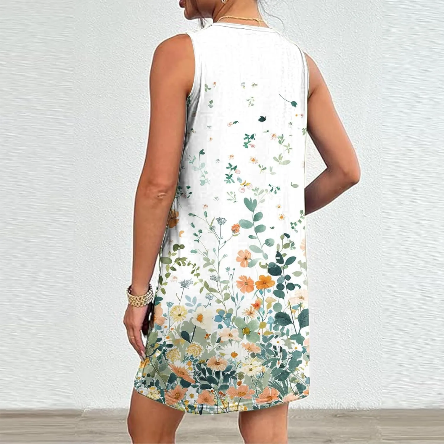Women 2024 Sleeveless Tank Dress Floral Print Trendy Summer Short Mini Dress Loose Fit Cute Dress with Pockets