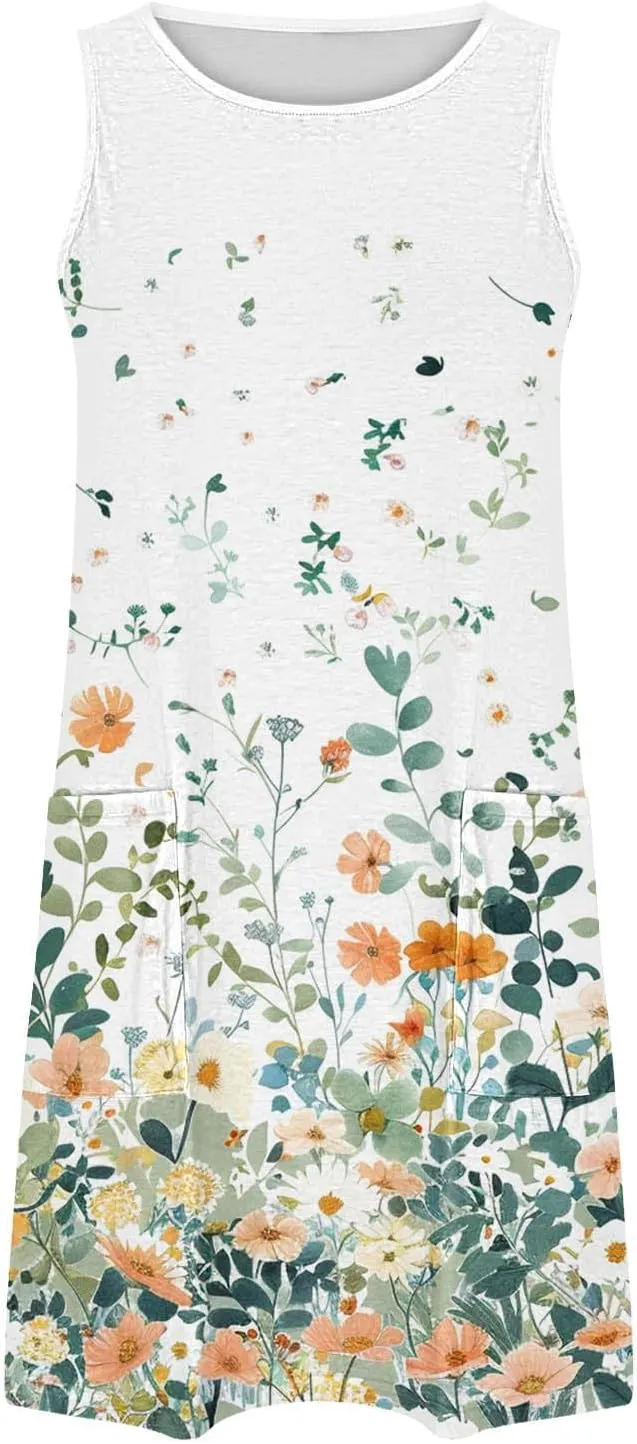 Women 2024 Sleeveless Tank Dress Floral Print Trendy Summer Short Mini Dress Loose Fit Cute Dress with Pockets
