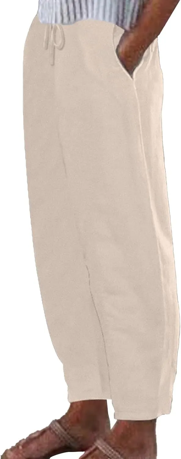 Women Linen Pants Wide Leg Casual Palazzo Trousers Cotton Linen Lounge Beach Summer Pants with Pockets