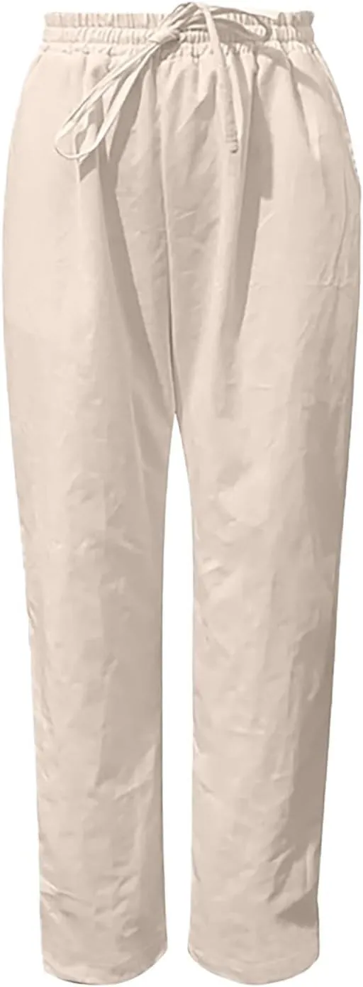 Women Linen Pants Wide Leg Casual Palazzo Trousers Cotton Linen Lounge Beach Summer Pants with Pockets