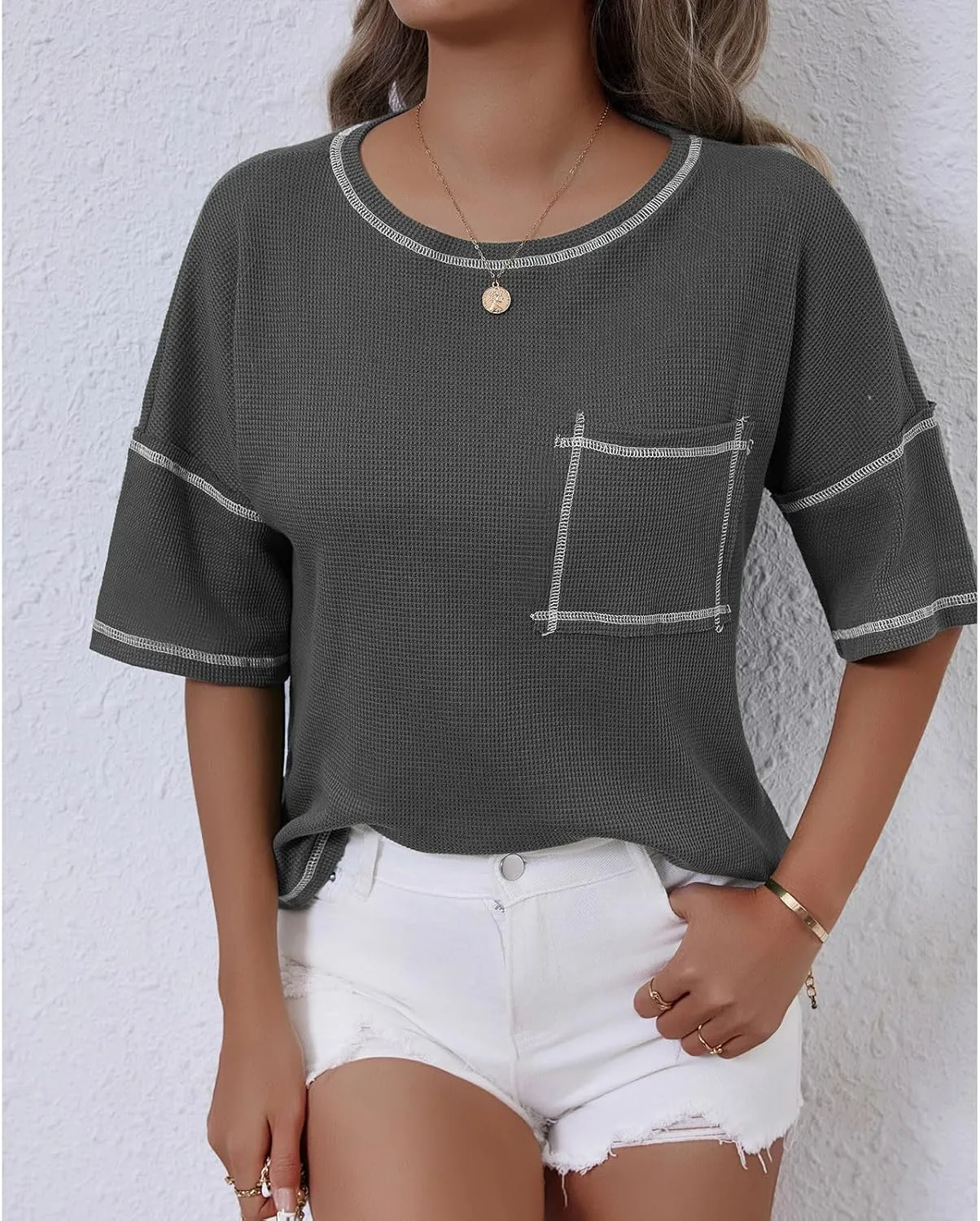 Women Waffle Knit Tops 2025 Short Sleeve Crew Neck Tshirts Casual Loose Color Block Tunic Top Blouses with Pockets