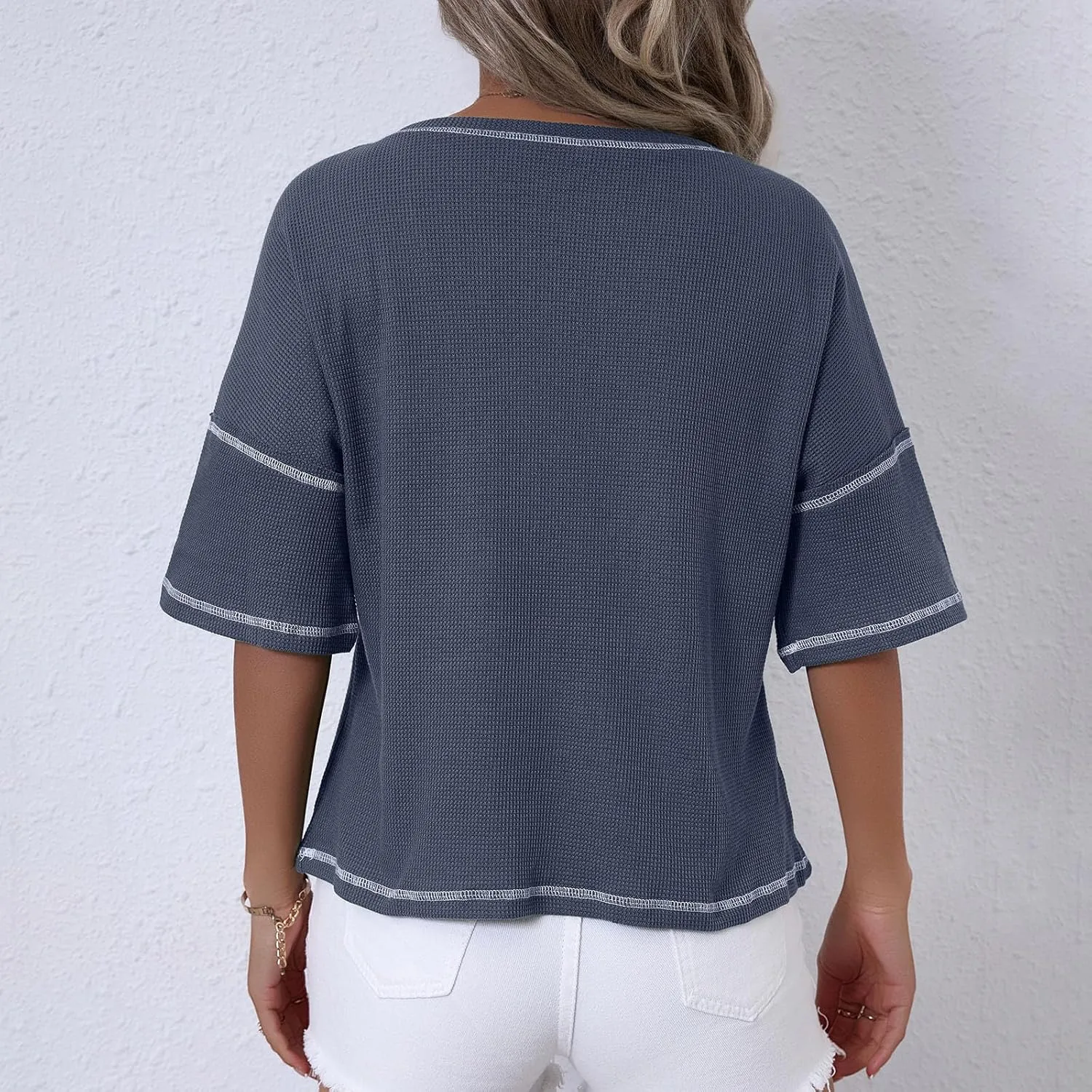 Women Waffle Knit Tops 2025 Short Sleeve Crew Neck Tshirts Casual Loose Color Block Tunic Top Blouses with Pockets