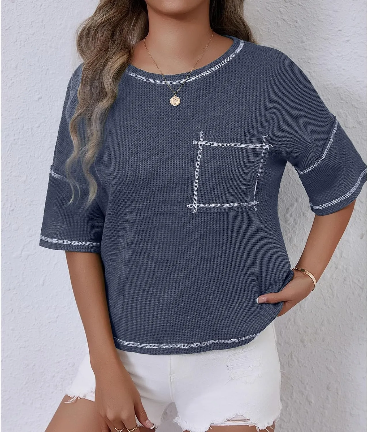 Women Waffle Knit Tops 2025 Short Sleeve Crew Neck Tshirts Casual Loose Color Block Tunic Top Blouses with Pockets