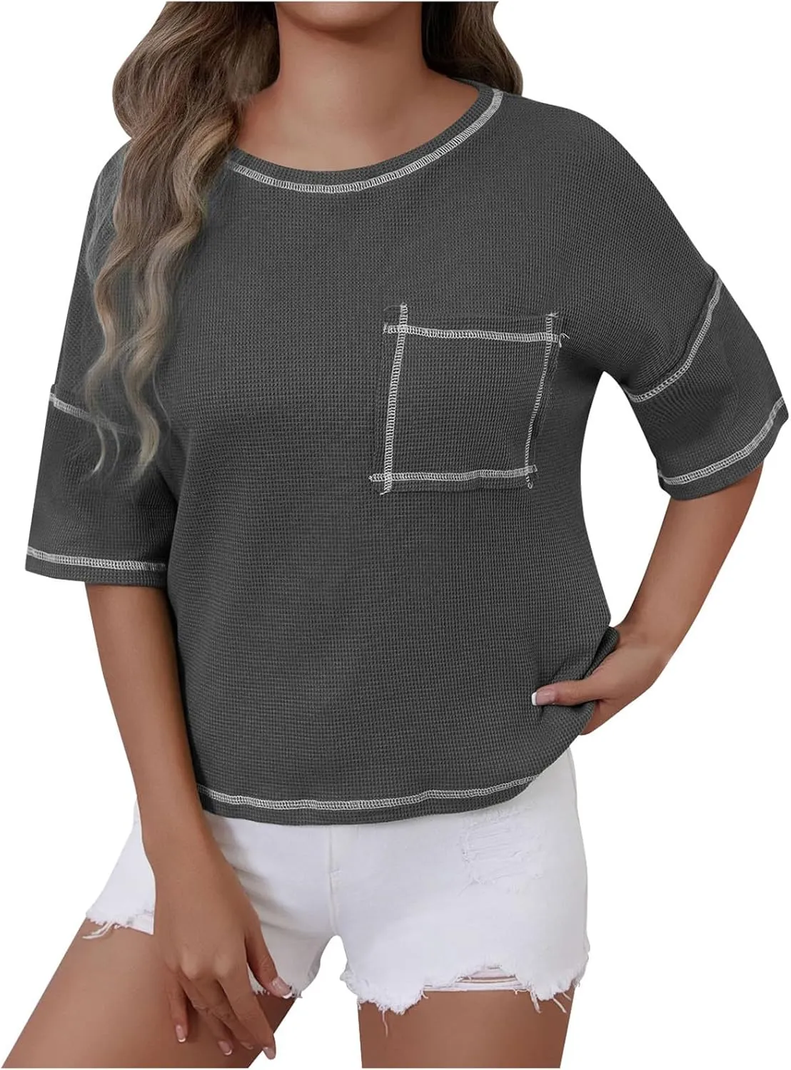 Women Waffle Knit Tops 2025 Short Sleeve Crew Neck Tshirts Casual Loose Color Block Tunic Top Blouses with Pockets