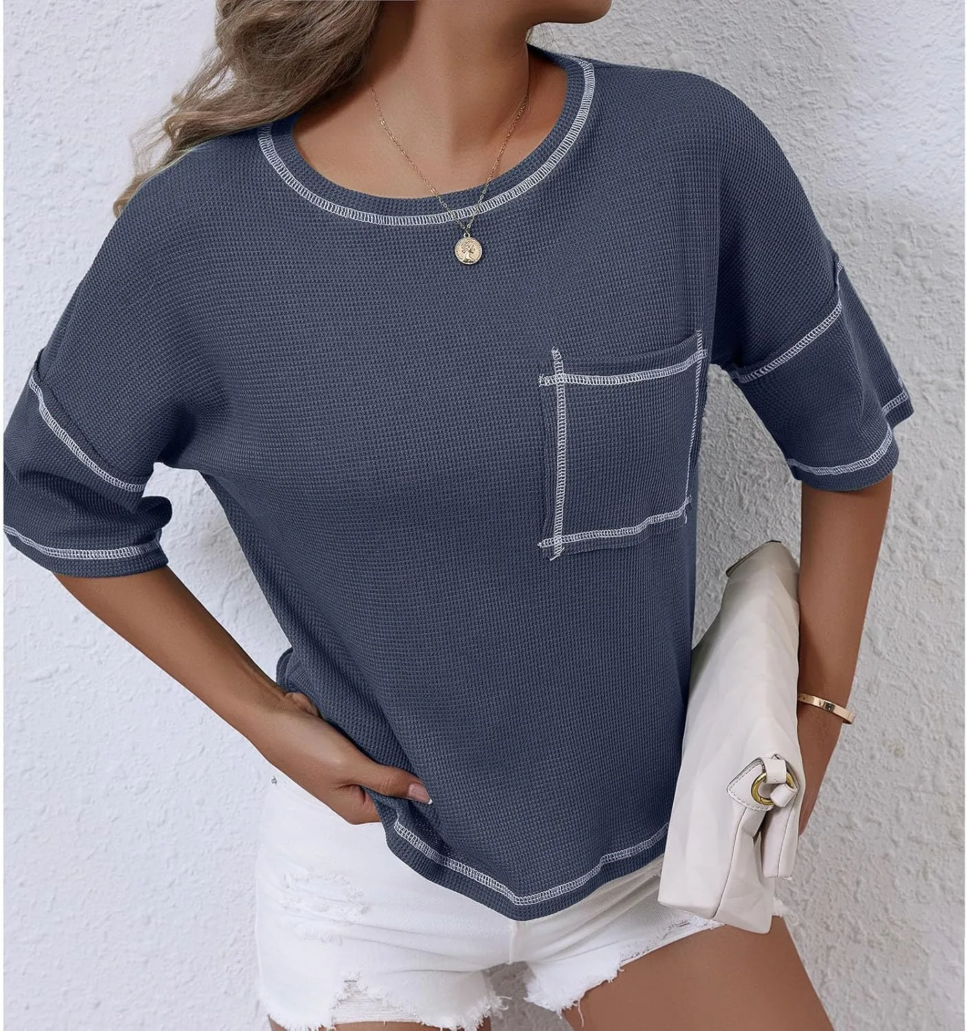 Women Waffle Knit Tops 2025 Short Sleeve Crew Neck Tshirts Casual Loose Color Block Tunic Top Blouses with Pockets