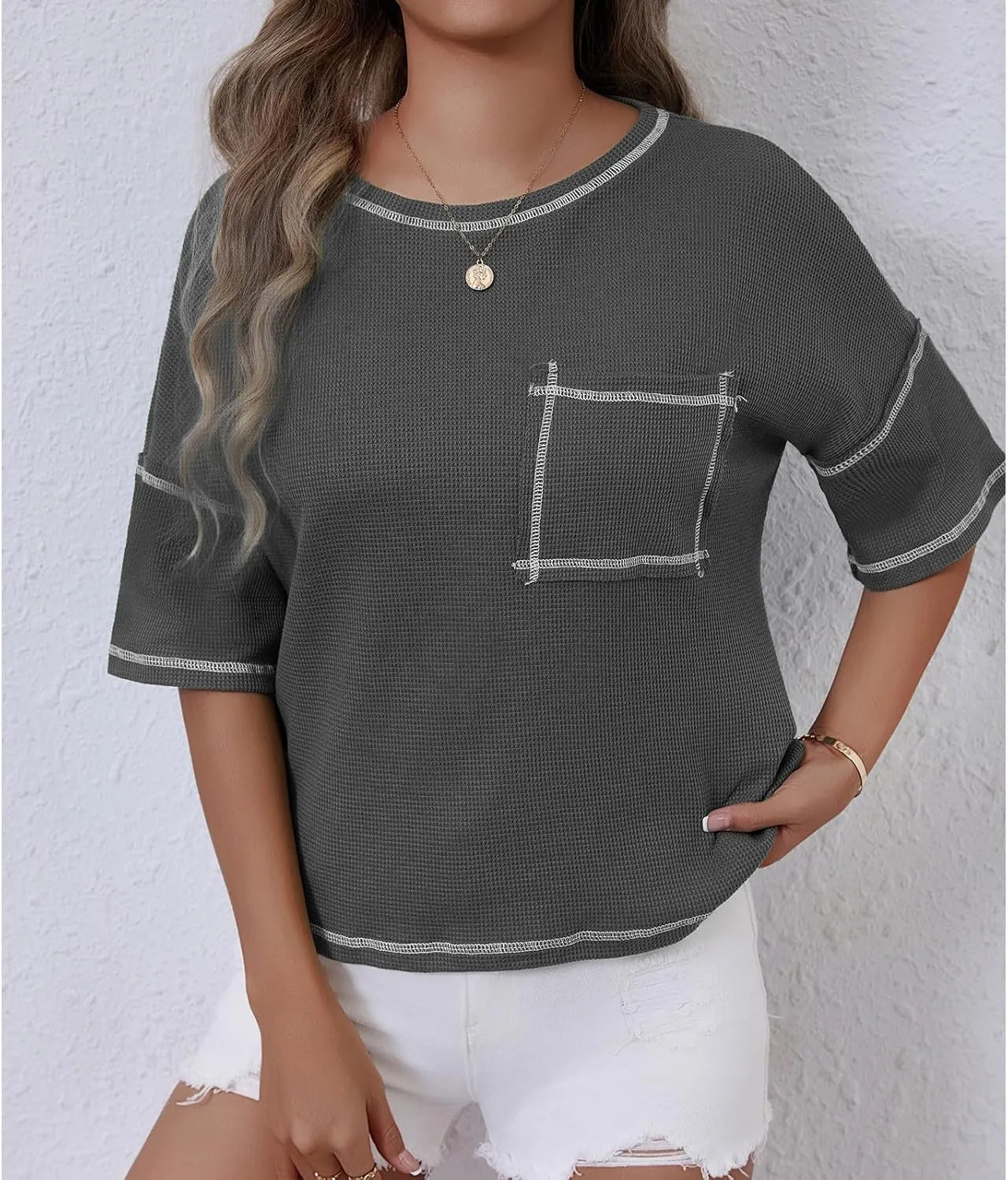 Women Waffle Knit Tops 2025 Short Sleeve Crew Neck Tshirts Casual Loose Color Block Tunic Top Blouses with Pockets