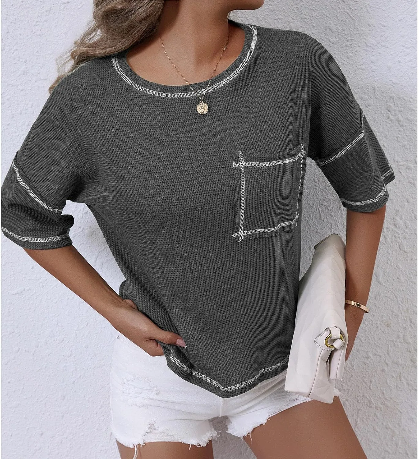 Women Waffle Knit Tops 2025 Short Sleeve Crew Neck Tshirts Casual Loose Color Block Tunic Top Blouses with Pockets