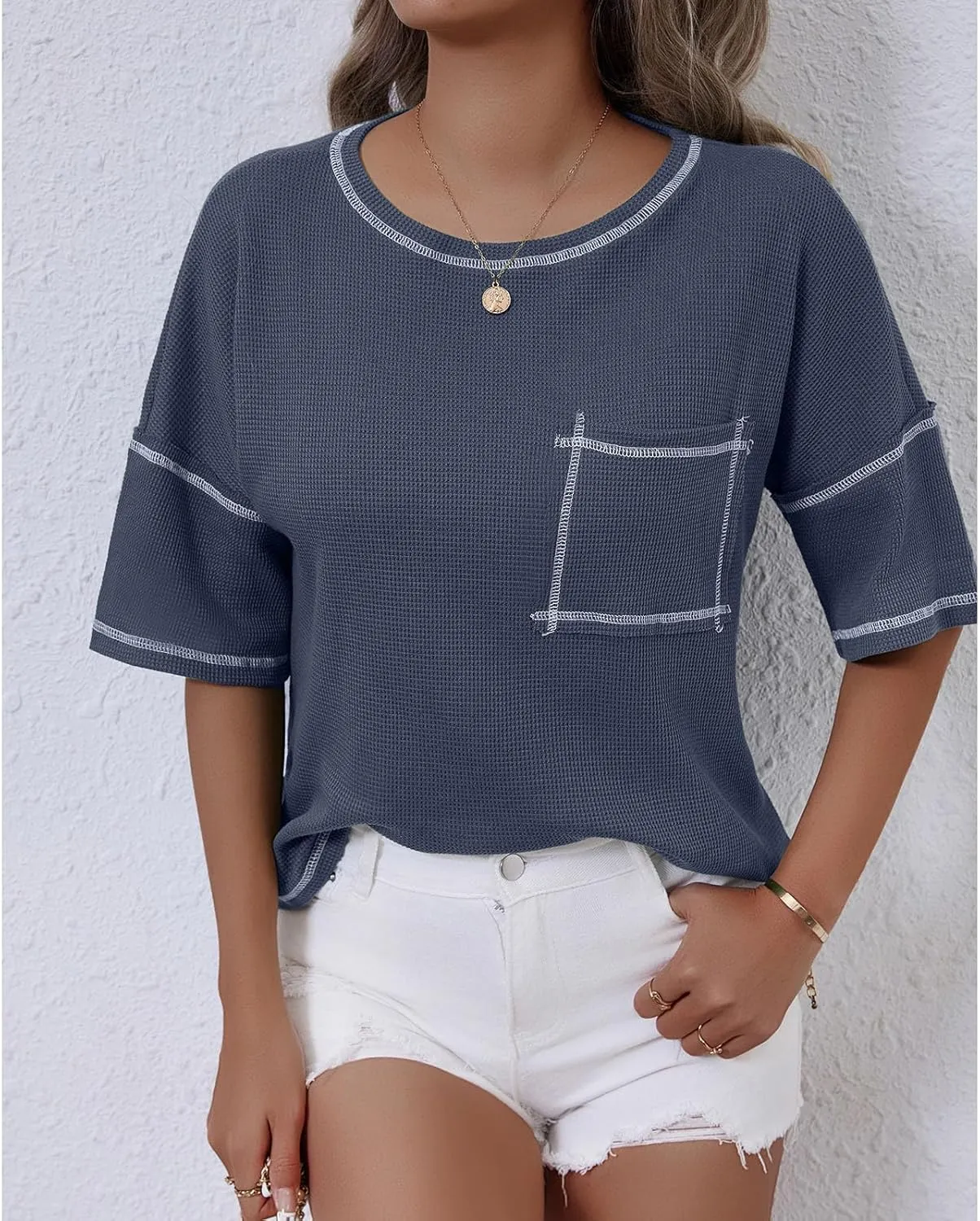 Women Waffle Knit Tops 2025 Short Sleeve Crew Neck Tshirts Casual Loose Color Block Tunic Top Blouses with Pockets