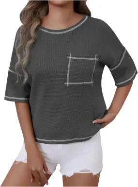 Women Waffle Knit Tops 2025 Short Sleeve Crew Neck Tshirts Casual Loose Color Block Tunic Top Blouses with Pockets
