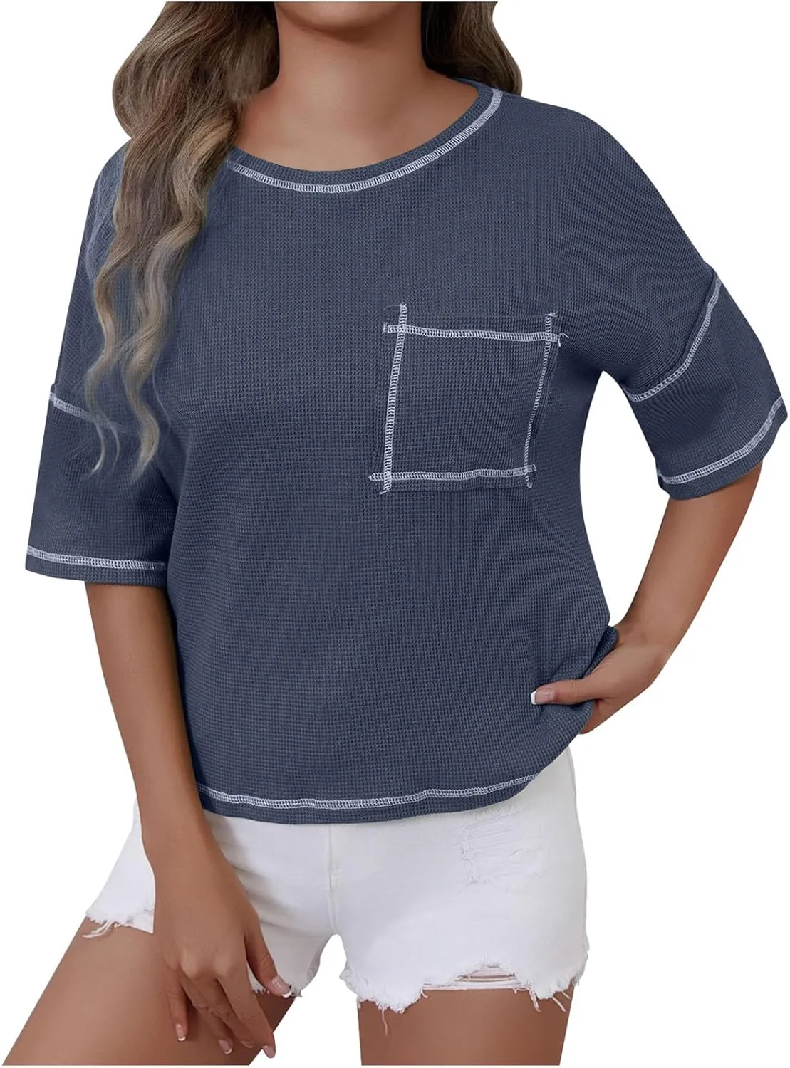 Women Waffle Knit Tops 2025 Short Sleeve Crew Neck Tshirts Casual Loose Color Block Tunic Top Blouses with Pockets