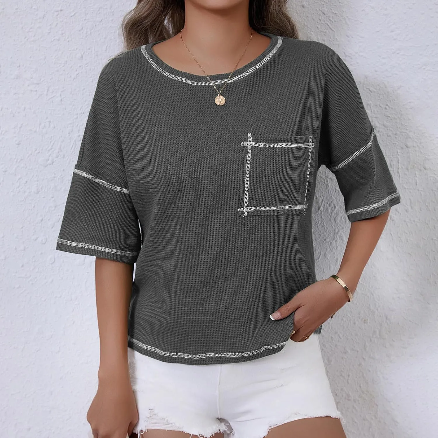 Women Waffle Knit Tops 2025 Short Sleeve Crew Neck Tshirts Casual Loose Color Block Tunic Top Blouses with Pockets