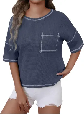 Women Waffle Knit Tops 2025 Short Sleeve Crew Neck Tshirts Casual Loose Color Block Tunic Top Blouses with Pockets