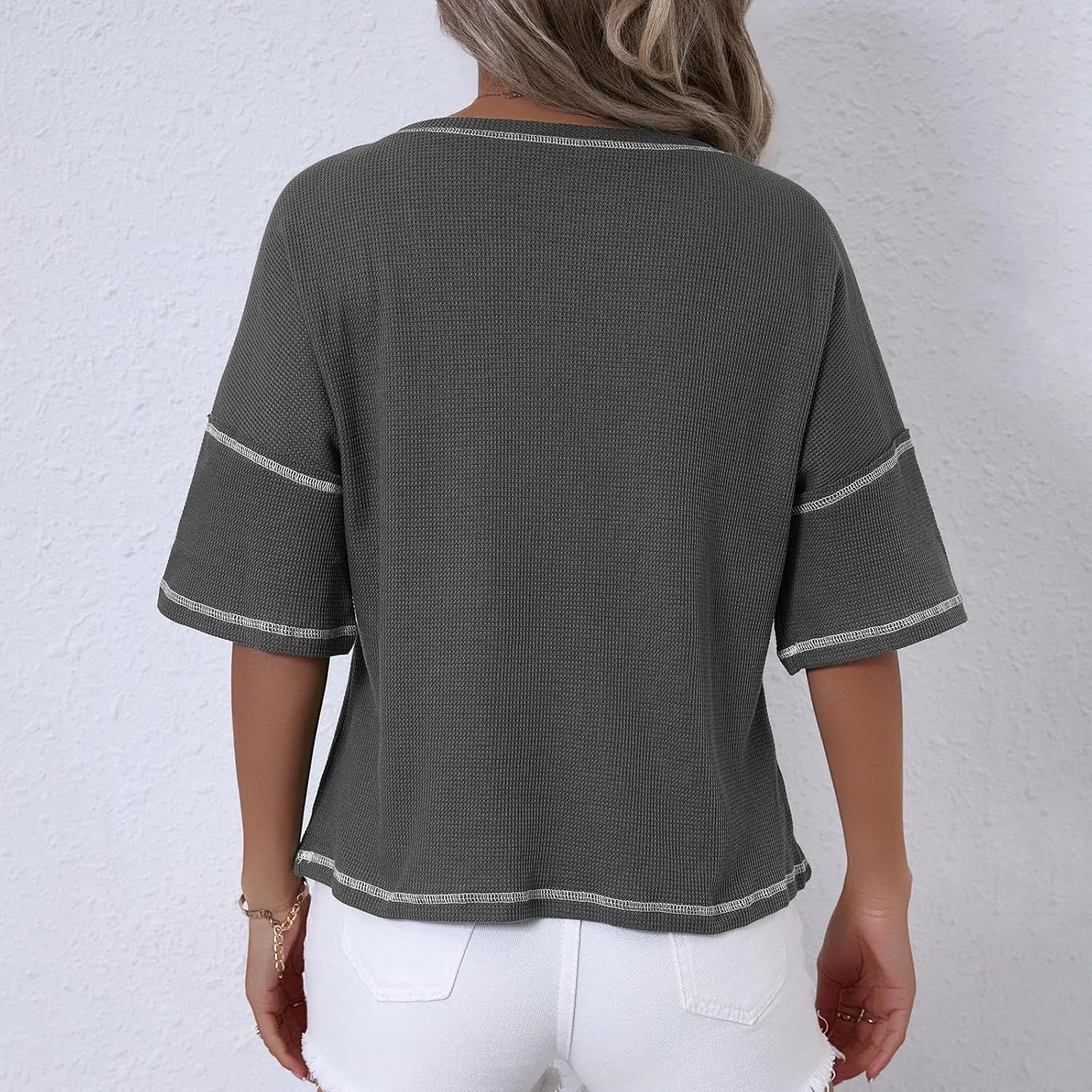 Women Waffle Knit Tops 2025 Short Sleeve Crew Neck Tshirts Casual Loose Color Block Tunic Top Blouses with Pockets