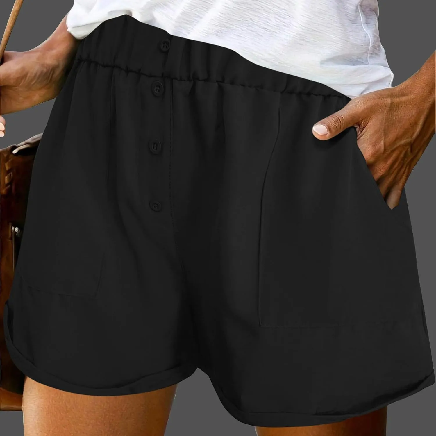 Womens Button Deco Casual Shorts Summer Casual Elastic High Waist Beach Shorts Comfy Solid Color Shorts with Pockets
