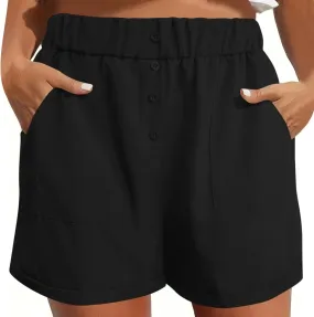 Womens Button Deco Casual Shorts Summer Casual Elastic High Waist Beach Shorts Comfy Solid Color Shorts with Pockets