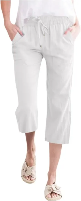 Women's Cotton Linen Capri Pant Loose Elastic Straight Leg 2025 Summer Lounge Palazzo Pant with Pockets