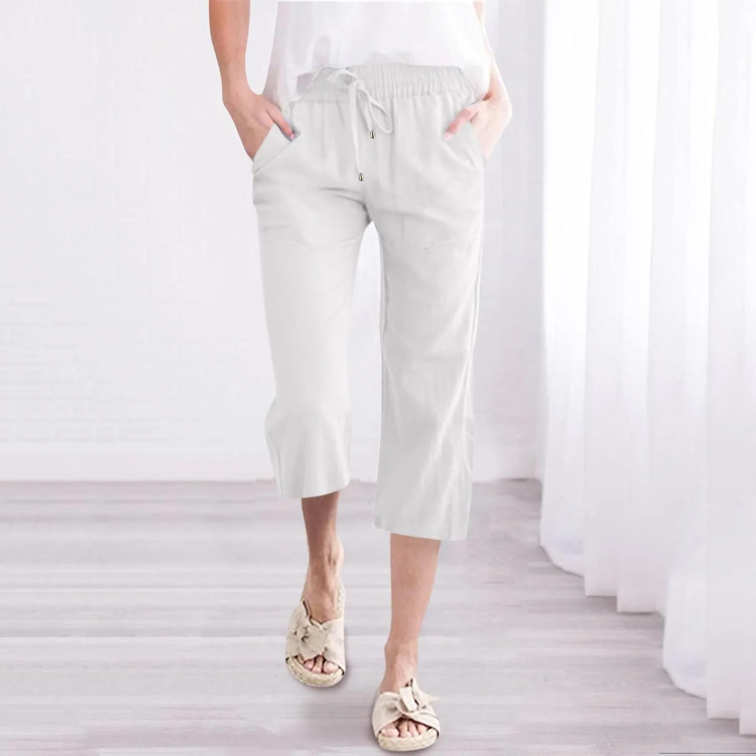 Women's Cotton Linen Capri Pant Loose Elastic Straight Leg 2025 Summer Lounge Palazzo Pant with Pockets